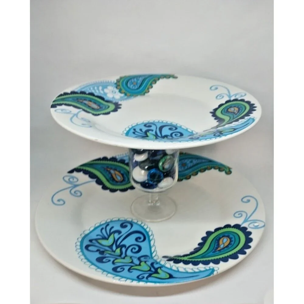 Royal Norfolk Blue Paisley Two-Tier Serving Tray Ceramic Hand Crafted 6
